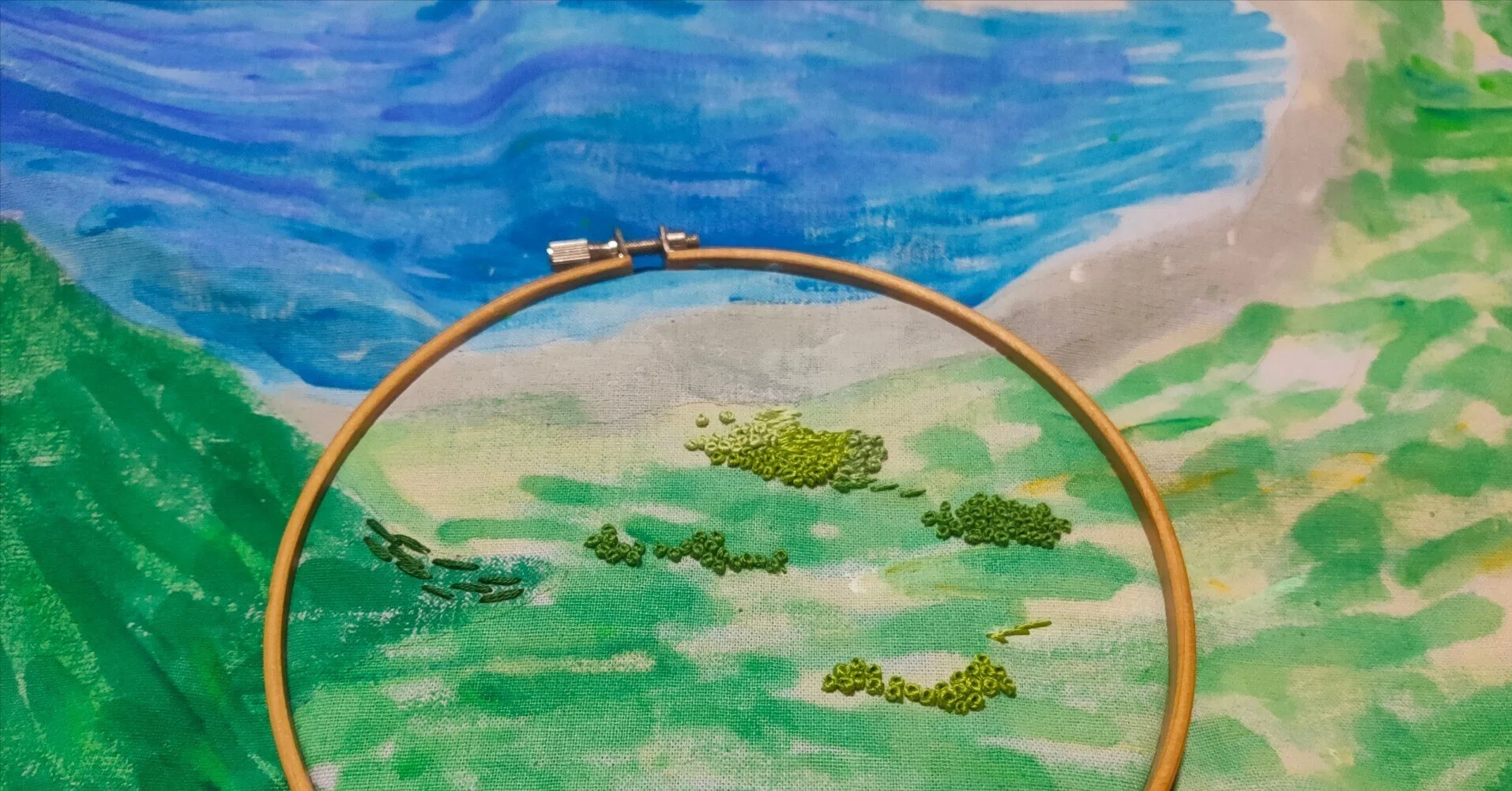 刺繍絵 新作刺繍絵に着手｜八丈島『大坂トンネル展望台より』①｜#012｜Mimoza