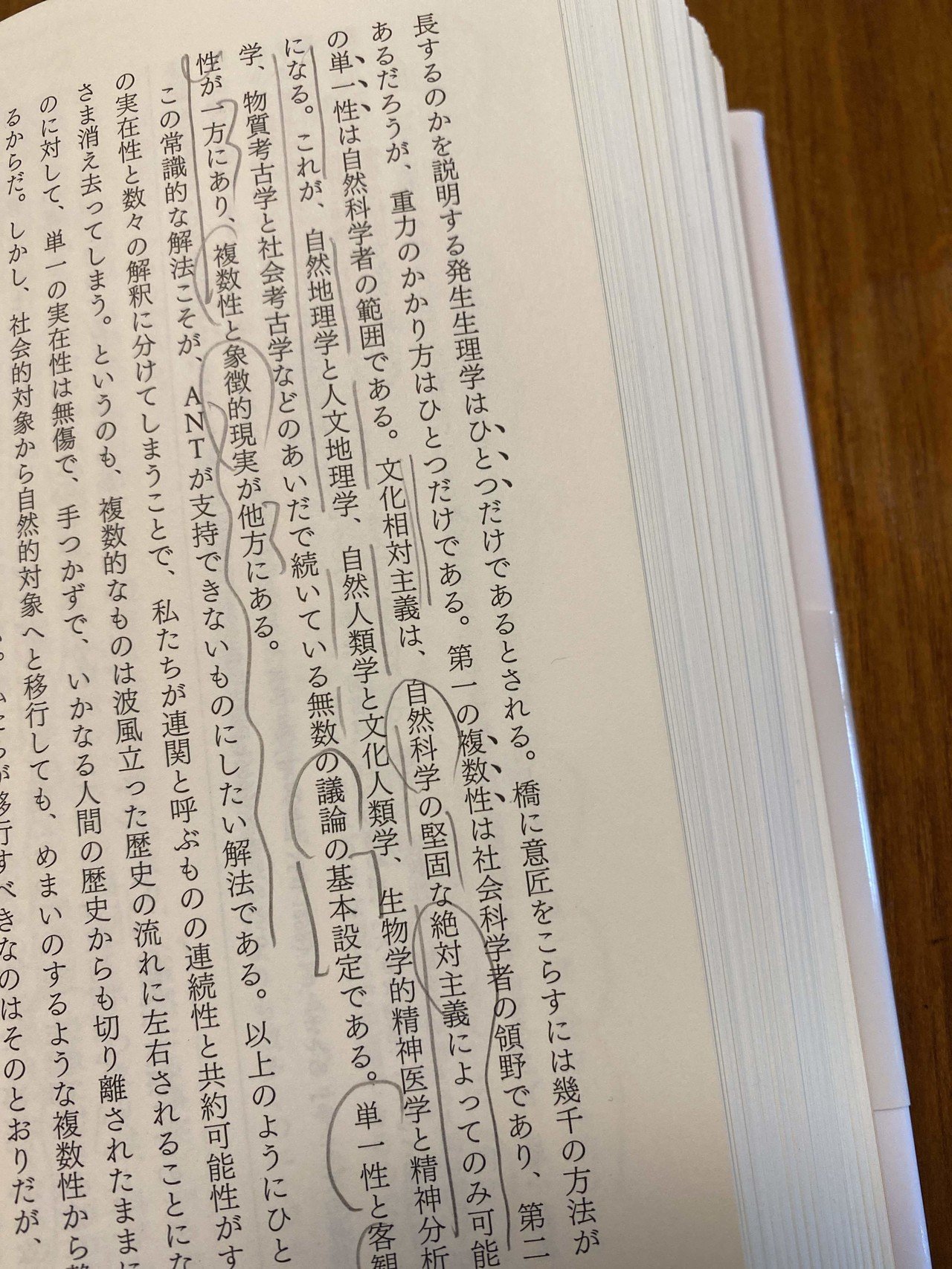 ラトゥール『社会的なものを組み直す アクターネットワーク理論入門』より。単一性と客観性が一方に、複数性と象徴的現実が他方に、という議論の基本設定を支持しない、という。  ｜way_finding