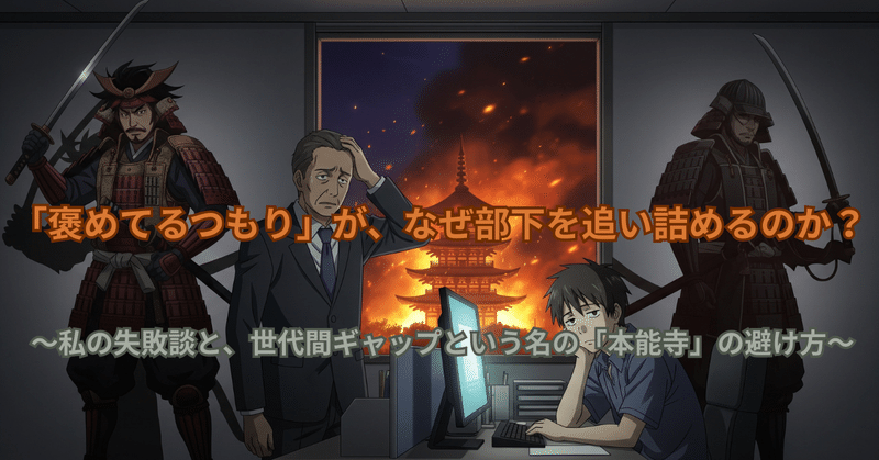 「褒めてるつもり」が、なぜ部下を追い詰めるのか？ 〜私の失敗談と、世代間ギャップという名の「本能寺」の避け方〜 eyecatch