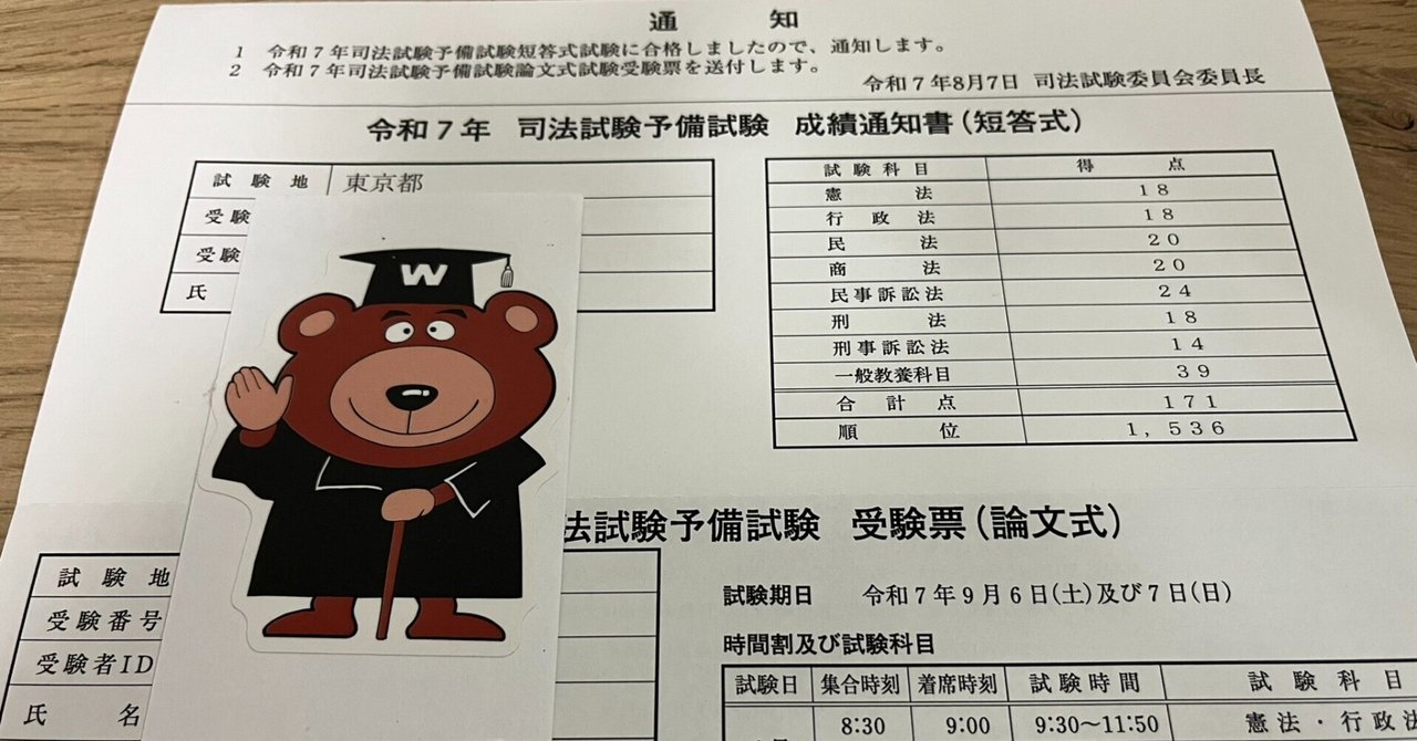 R7予備試験（短答式）成績通知書届く。171点で、順位は1,536位
