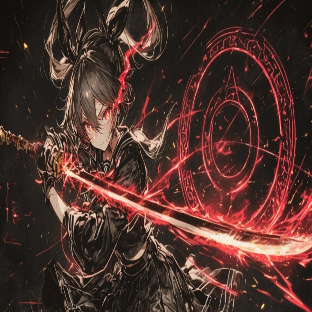 AIイラスト制作記｜鉛筆の黒に走る“紅の一閃”― 濃密な鉛筆画 × 黒