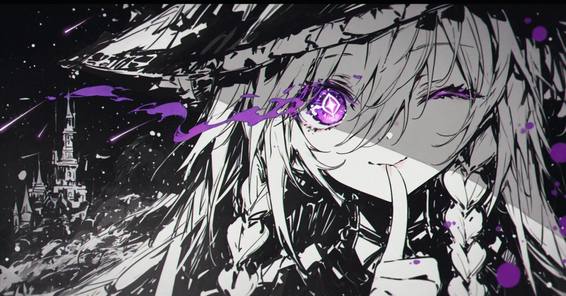 AIイラスト制作記｜鉛筆線に咲く紫の魔女─ ダークな筆致とキュートな