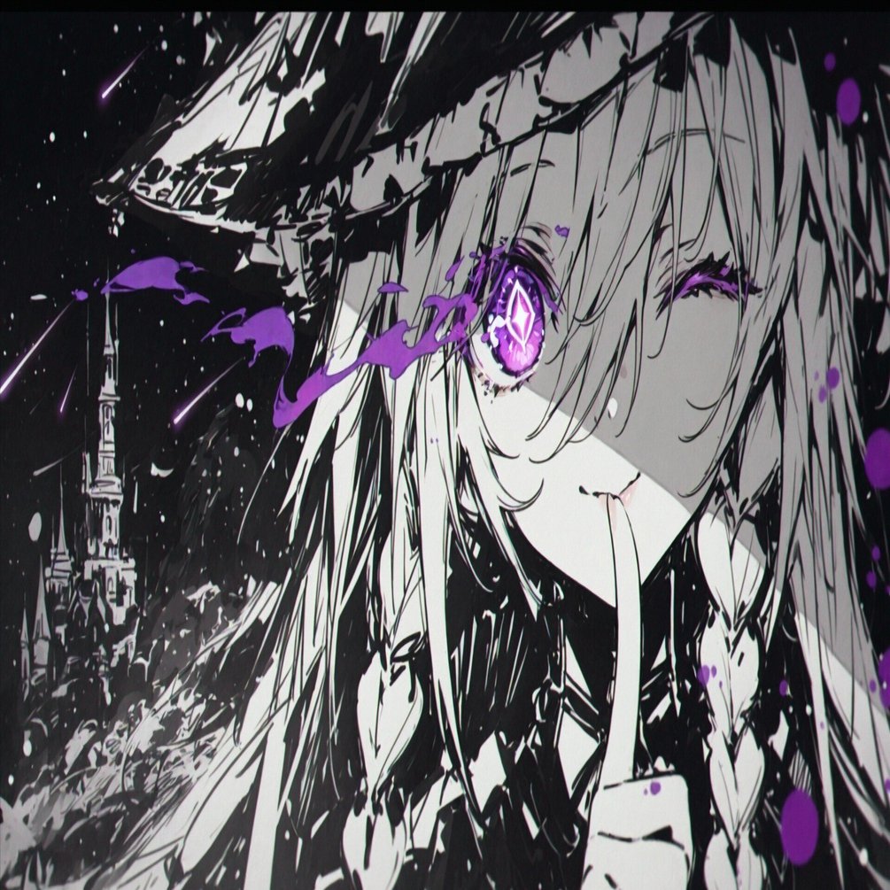 AIイラスト制作記｜鉛筆線に咲く紫の魔女─ ダークな筆致とキュートな