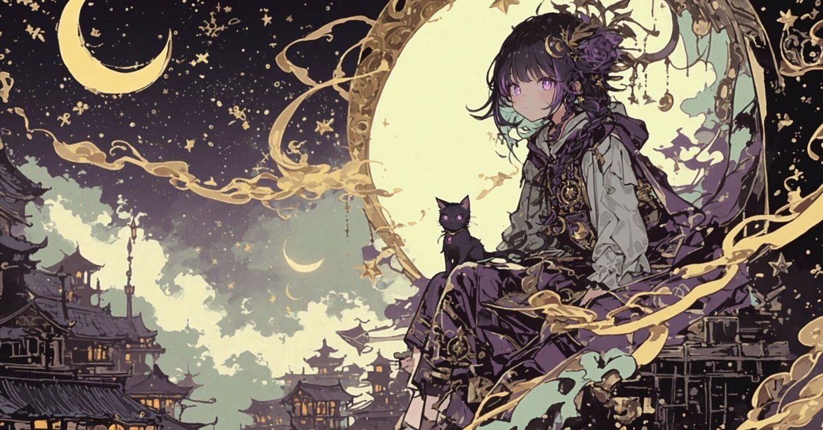 AIイラスト制作記｜モノクロ×差し色2色で描く屋根の上の魔女と猫