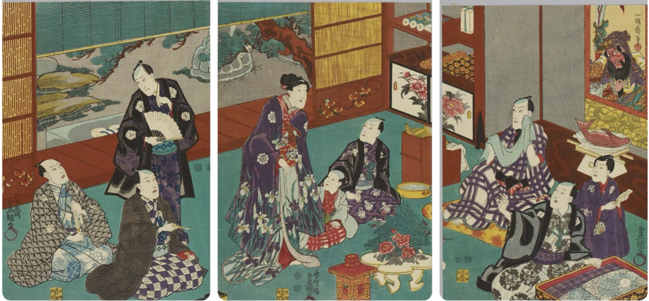 御目見得口上 五代目市川海老蔵　3枚続　豊国　芝居絵　浮世絵　希少 五代目市川海老蔵と息子たちが描かれた貴重な浮世絵が手に入りました