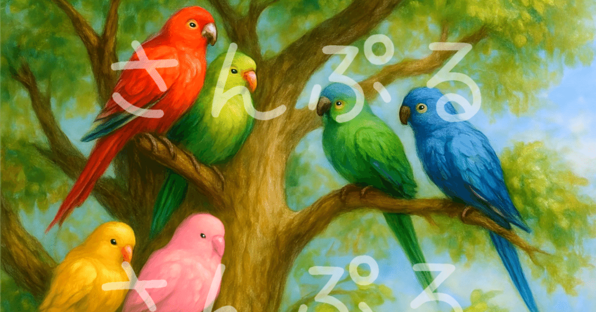 キャンバス油絵　専用　仲良く集まるカラフルかわいいインコたち カラフルインコと森の仲間たち｜ぱ〜るる〜ら