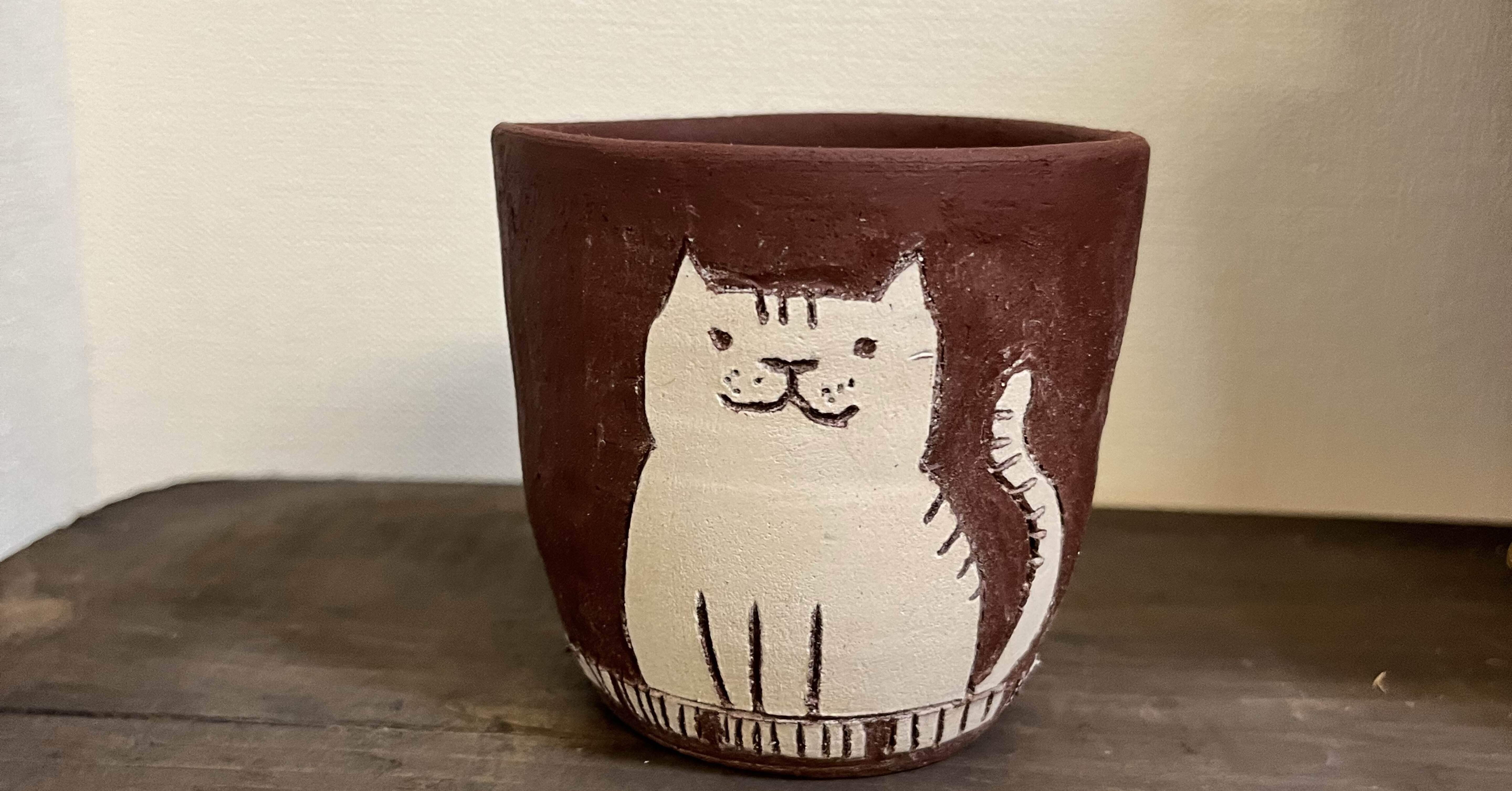 作家　陶芸作家　掻き落とし　猫　大鉢　１点もの 作家 陶芸作家 掻き落とし 猫 大鉢 1点もの