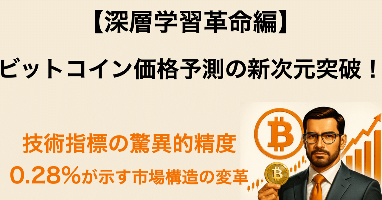 🎓【深層学習革命編】ビットコイン価格予測の新次元突破！技術指標の驚異的精度0.28%が示す市場構造の変革｜ビットコイン一本リーマン