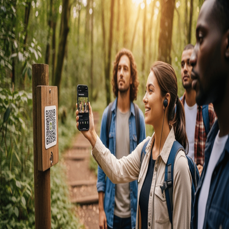 森林の中で自然観察をする観光客