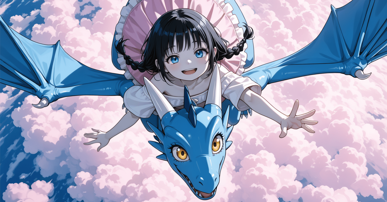 気ままに】青いドラゴンの上に座る乙女【AIイラストチャレンジ！】｜健太