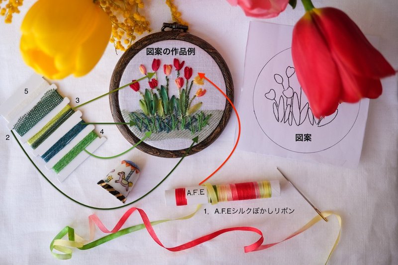 リボン刺繍で作りませんか チューリップの花刺繍 制作解説 Art Fiber Endo Note リボン刺繍で作りませんか チューリップの花刺繍 制作解説 Art Fiber Endo Note