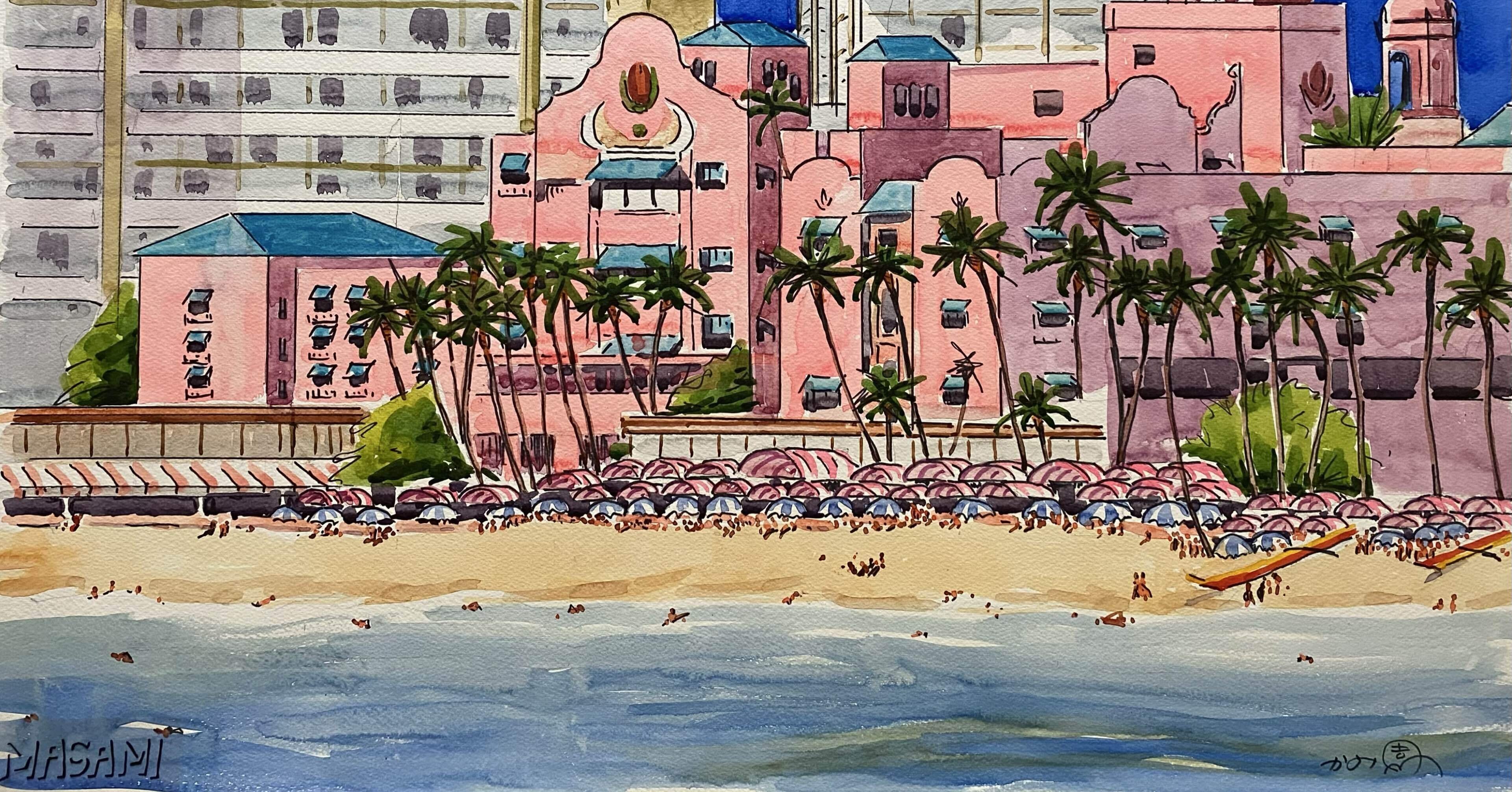 水彩画 ワイキキ ロイヤルハワイアンホテル｜Amazon.co.jp: ハワイアン