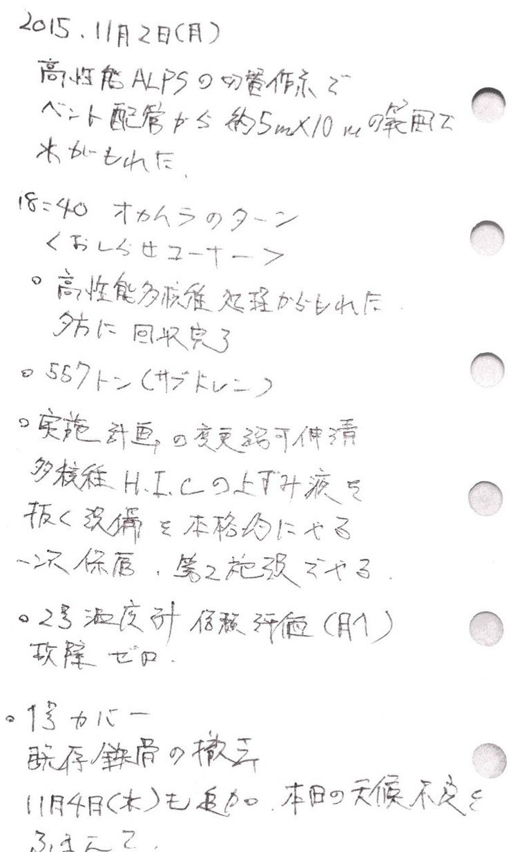 高性能ALPSで漏洩。
外部への影響はないとしているが、受け側で警報がなっていた模様。
漏洩量は50リットル。これが地上3mの箇所から、２分間で漏れたという。
作業員の被ばく線量は不明であるが、通常作業の範囲内だろうと回答していた。
原因についてはバルブの不具合が疑われるとのこと。
今日の担当者はオカムラ氏だったので、おしどりさんの質問に対する回答にも進展があった。２号&３号機の作業員の被ばくが多いのがわかったのと、２号機ヤード撤去のホットスポットについては大物搬入口に14ミリの砂が５Lあるという。