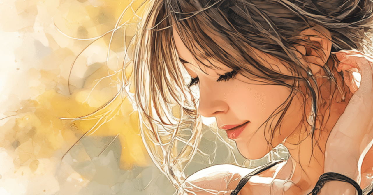 【女型】絵　Midjourney　写真プリント  額装可能 AIアート MidJourneyで描く｜「秋の夕暮れに耳を澄ます女性」｜プロンプト