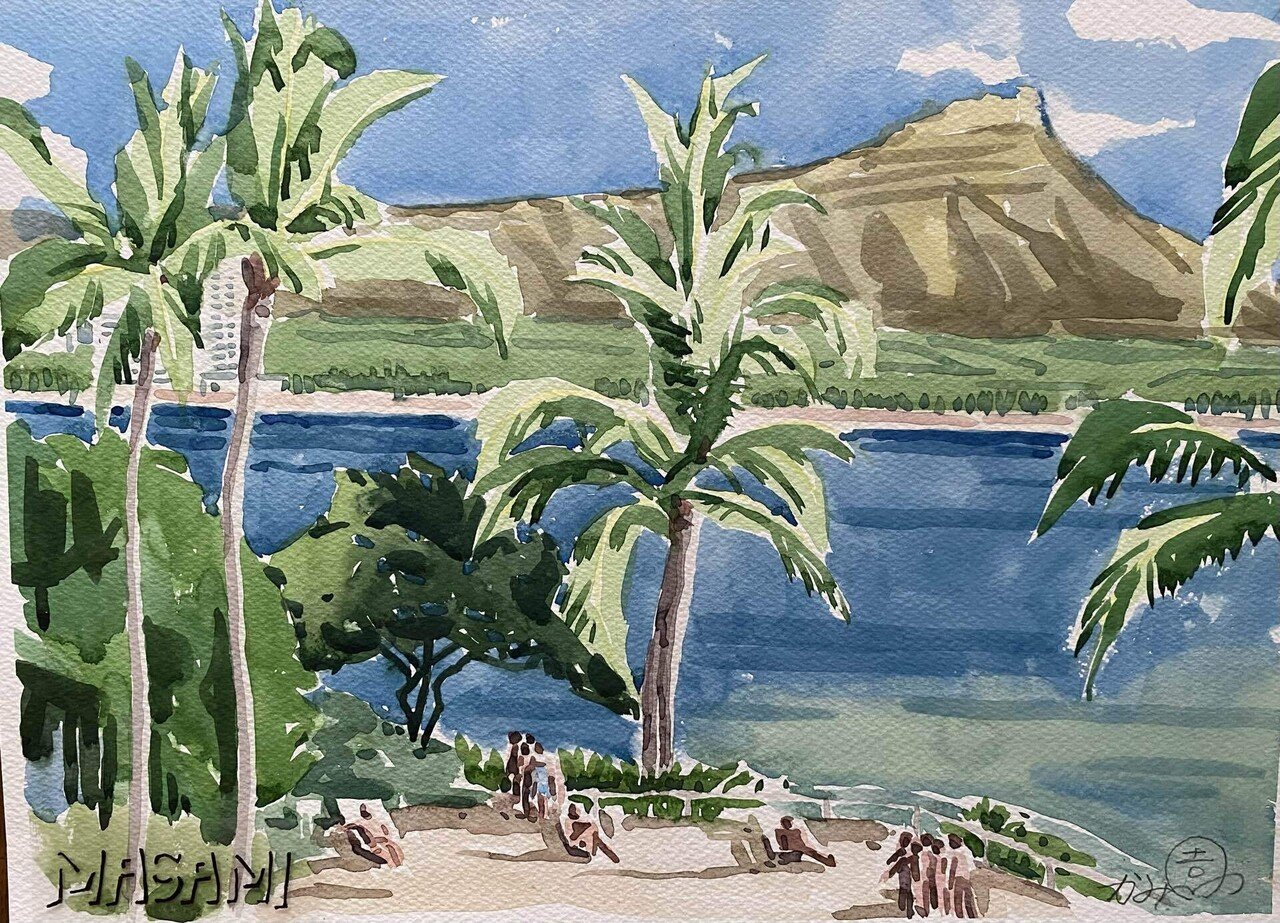 7 神園正美の透明水彩画 ダイヤモンドヘッドをながめて｜神園