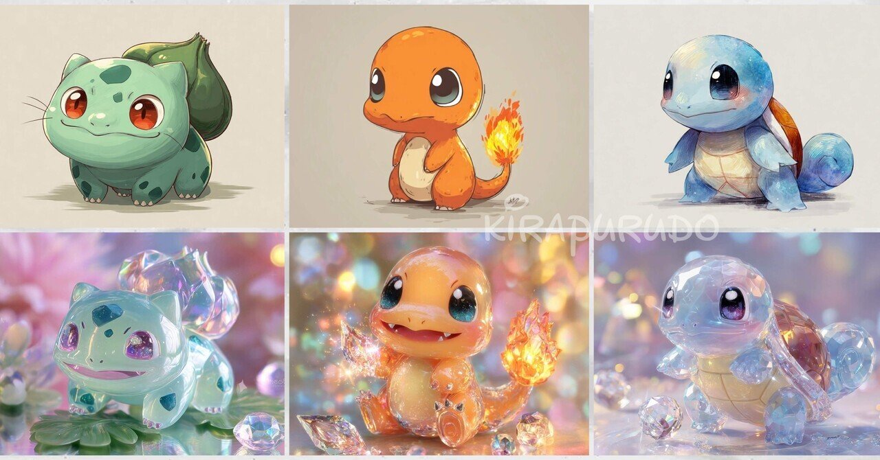 初代御三家ポケモンセット！次2分後！ ポケモン初代御三家きらぷる変身 🌱🔥🐢プロンプト＆解説
