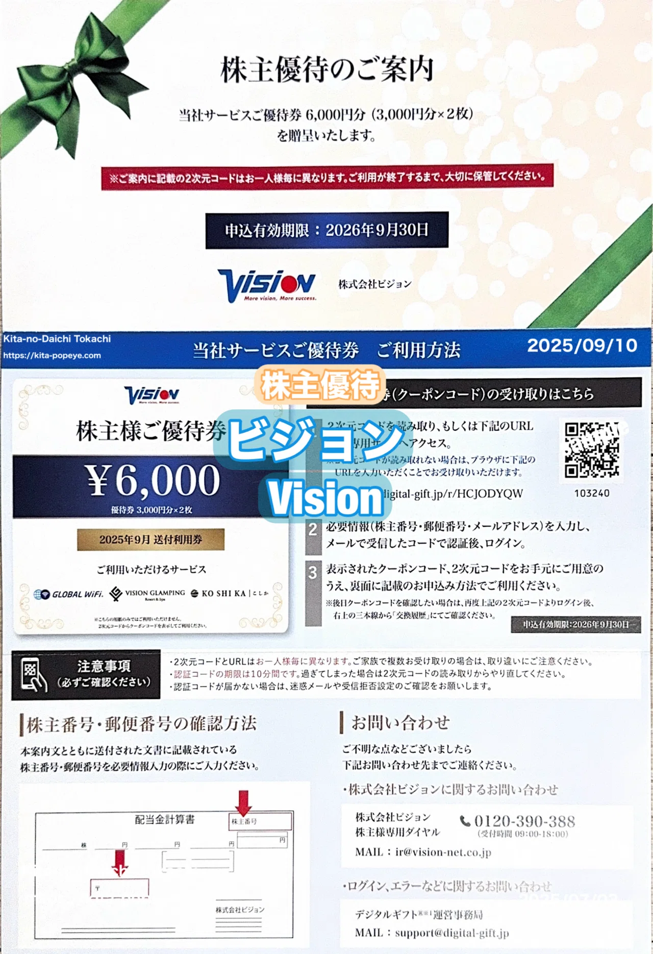 株主優待ビジョンVision（9416）自社のサービス優待券6000円分