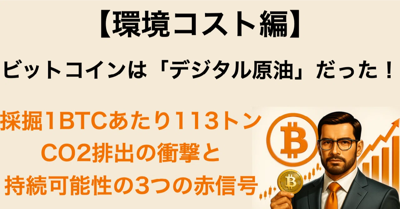 🎓【環境コスト編】ビットコインは「デジタル原油」だった！採掘1BTCあたり113トンCO2排出の衝撃と持続可能性の3つの赤信号｜ビットコイン一 ...