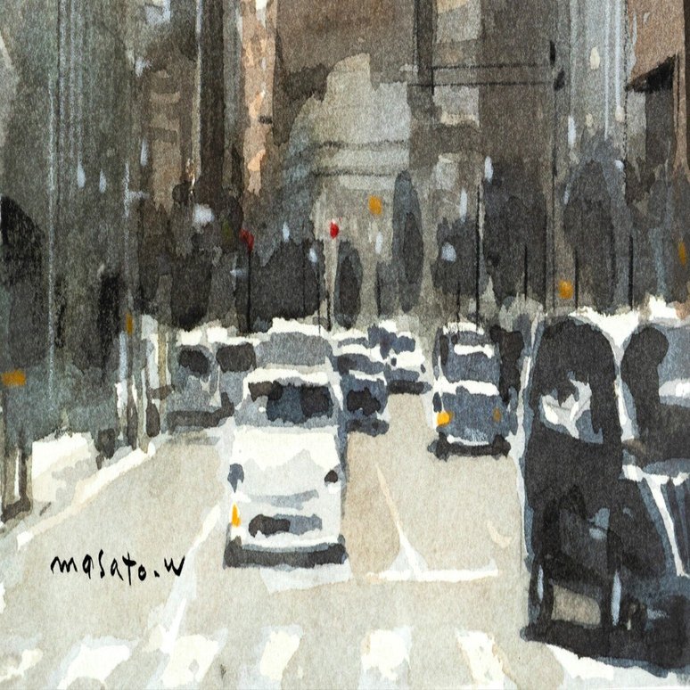 30分早描き水彩スケッチ・・・ビル街を通る道 / 身近な風景｜MASATO