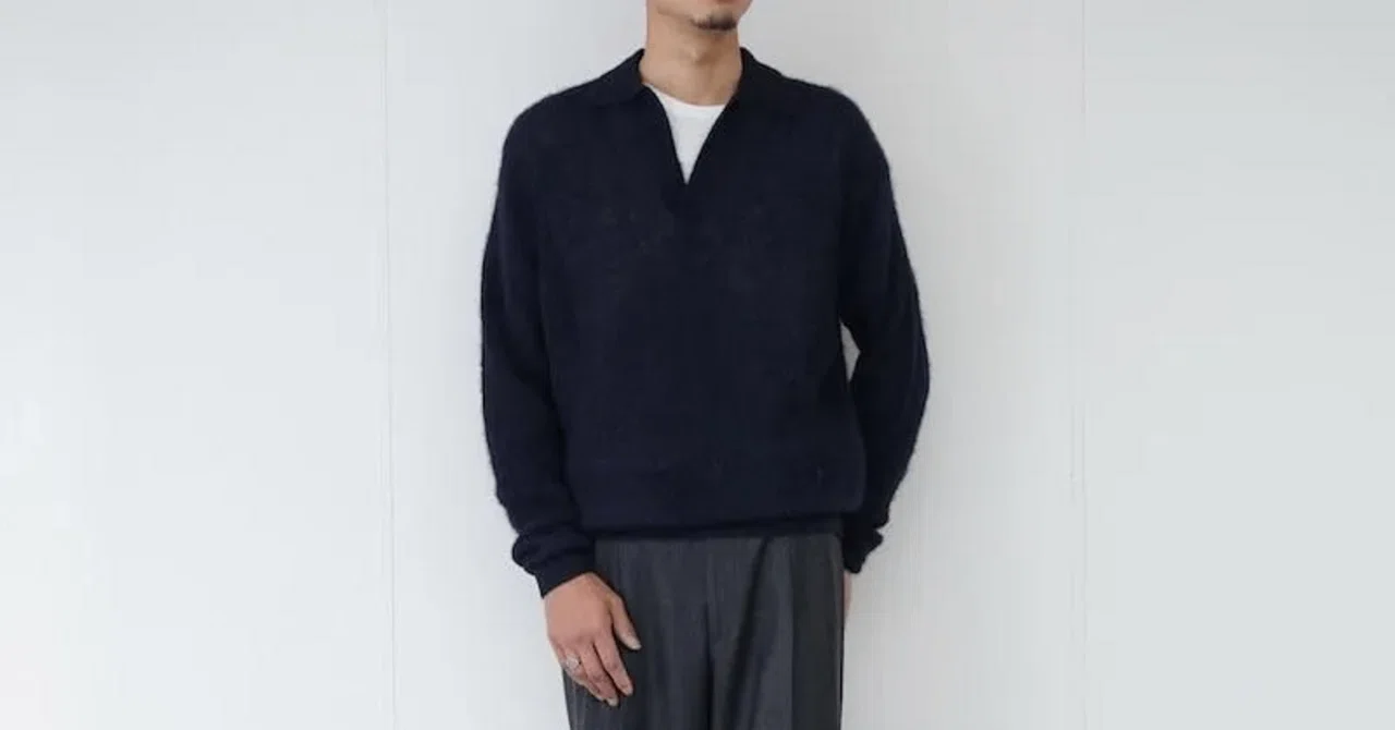 ニット+セーター AURALEE ALPACA SHEER KNIT SKIPPER POLO Auralee Baby Suri Alpaca Sheer Knit Skipper Polo Dark Brown – Très