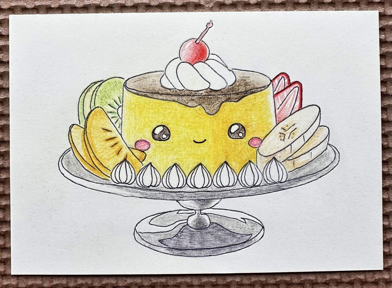 オリジナルイラスト　NO.3【プリンアラモード】　レトロ　原画　豆色紙 プリンちゃんをアラモードにするんでしょ！｜なみなみ・しずか