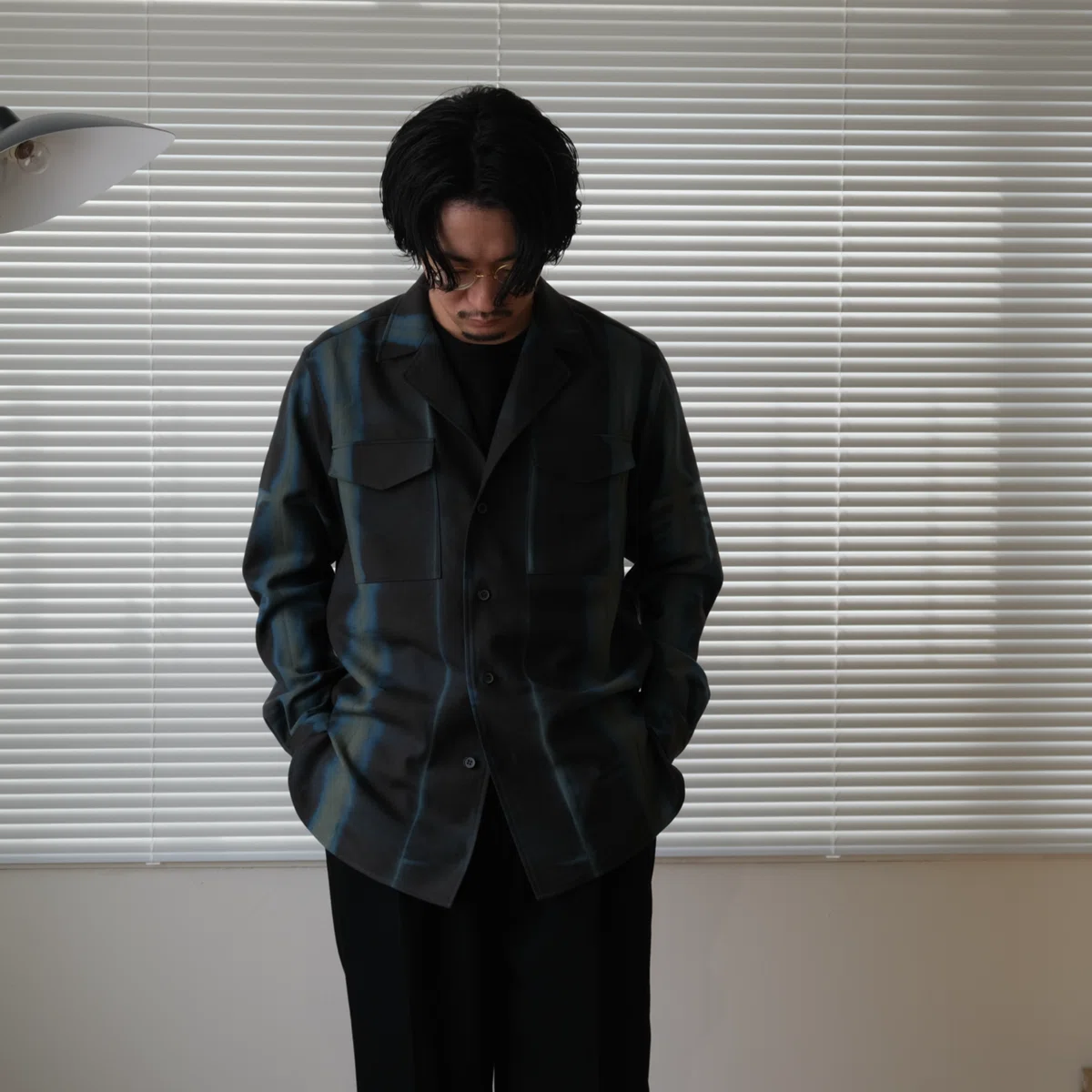 山内　ウールカシミアテーラードカラーシャツ　arimatsu stripe 初・有松絞り｜水岡