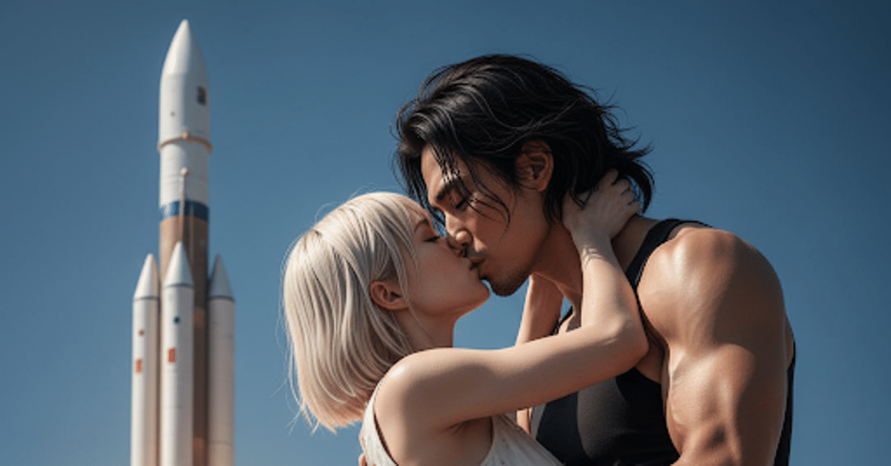 ロクとマリアのキス写真 ChatGPT/Gemini連携技！】打ち上がるロケットとキスする2人【生成工房
