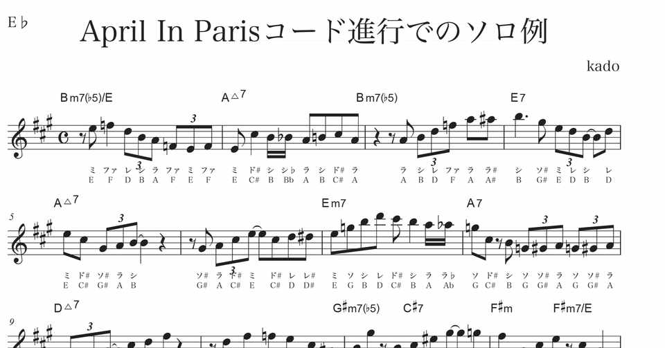 アルトサックス April In Parisコード進行でのソロ例 加度 克紘 Note