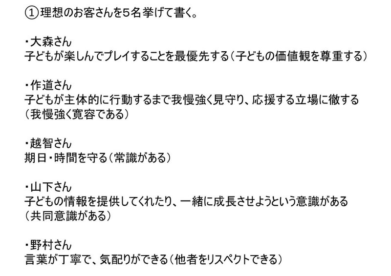 理想のお客さんを５名挙げる