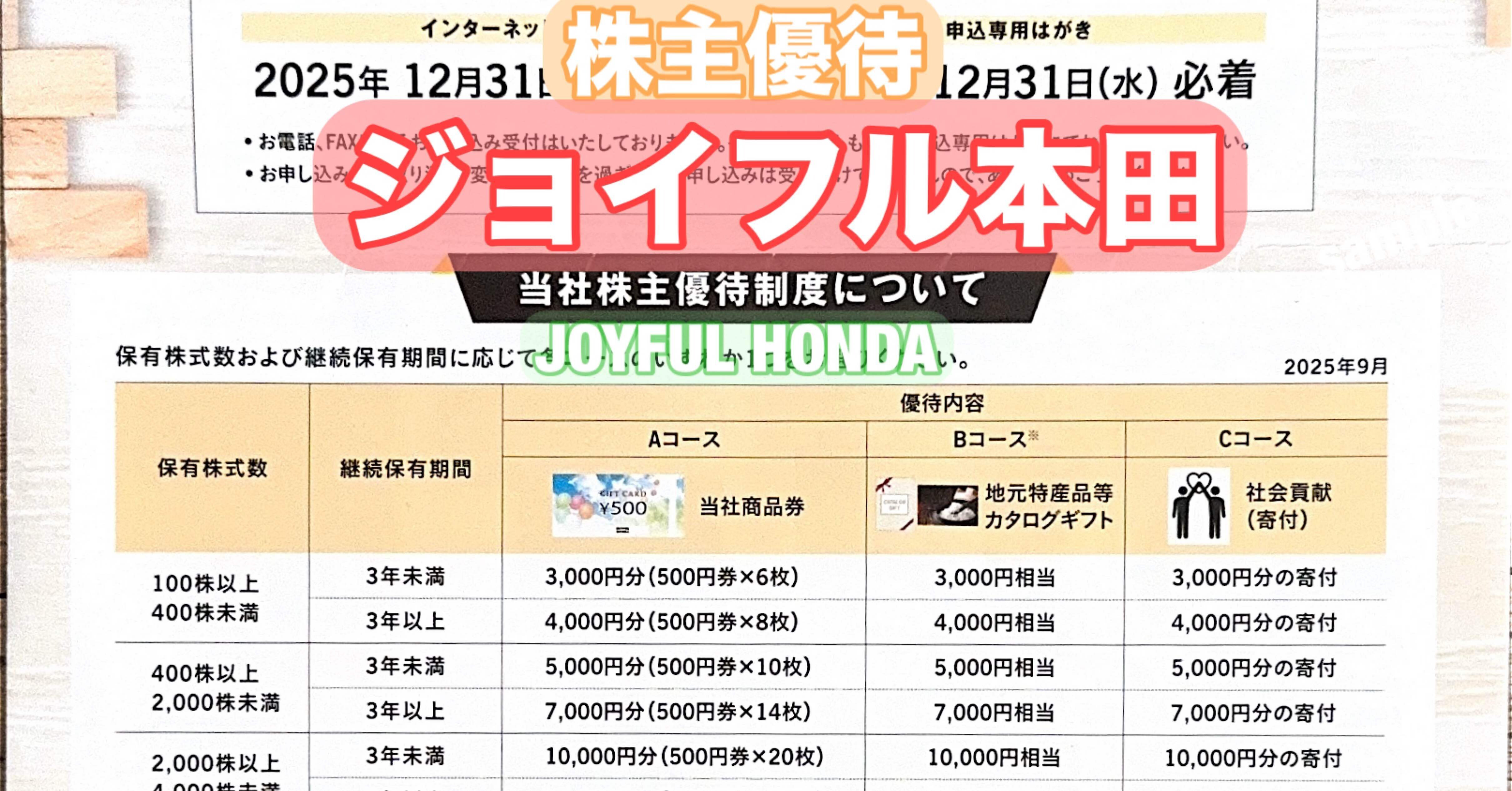 株主優待】ジョイフル本田（3191）株式会社ジョイフル本田（3191）は