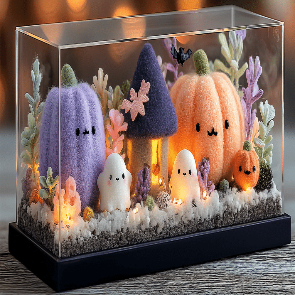 AIイラスト制作記｜透明なケースに閉じ込めたハロウィンパーティー：可愛いゴーストたちが集う、小さな夢の箱庭 #AIイラスト #Midjourney  #アート #ミニチュア #毎日投稿 #画像生成AI #｜リンファ@AIアート・ドキュメンタリスト, image size:1920x1005