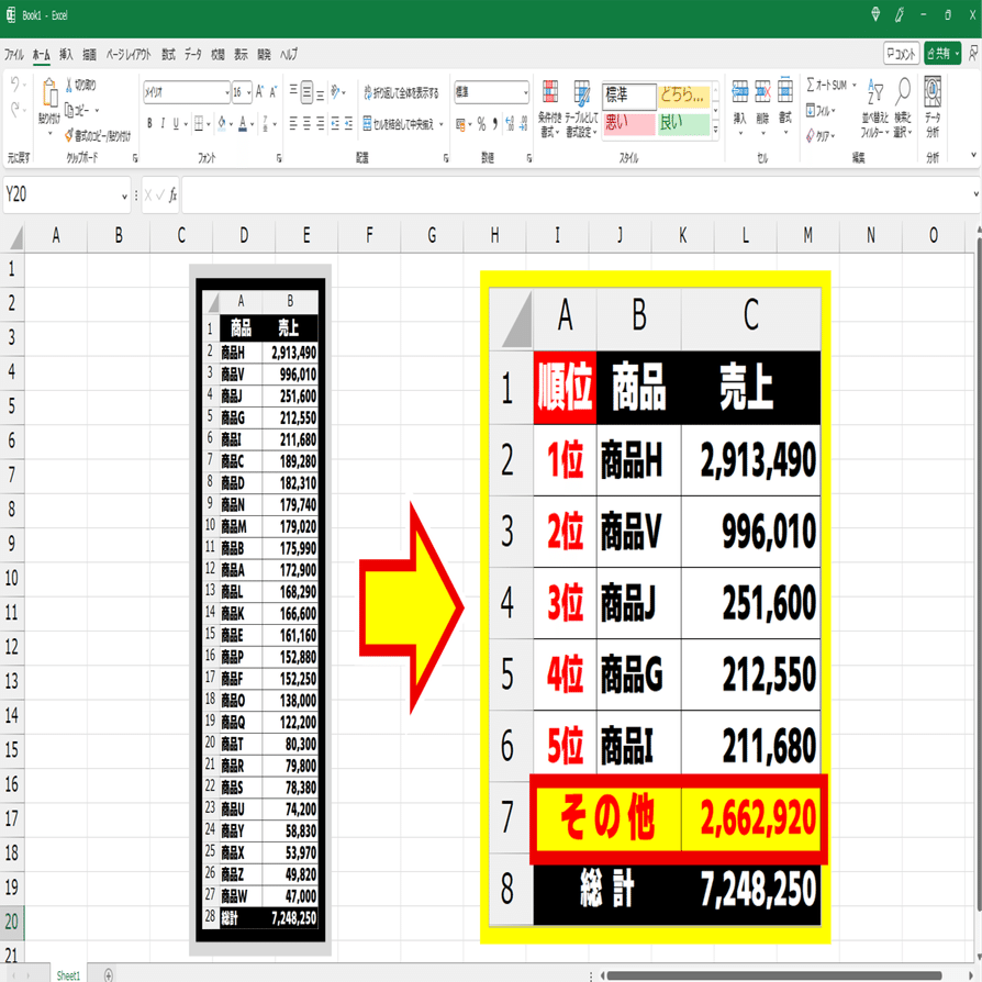 Excel 動画解説】売上トップ5の商品だけ個別表記して、それ以外の商品