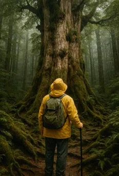 深い霧に包まれた森の中、苔むした巨大な屋久杉の前に立つ登山者。黄色いレインコートにリュックを背負い、杖を片手に見上げる姿から、圧倒的な自然の存在感と畏敬の念が伝わります。静寂のなかに木々の息づかいが感じられる、神秘的な情景です。