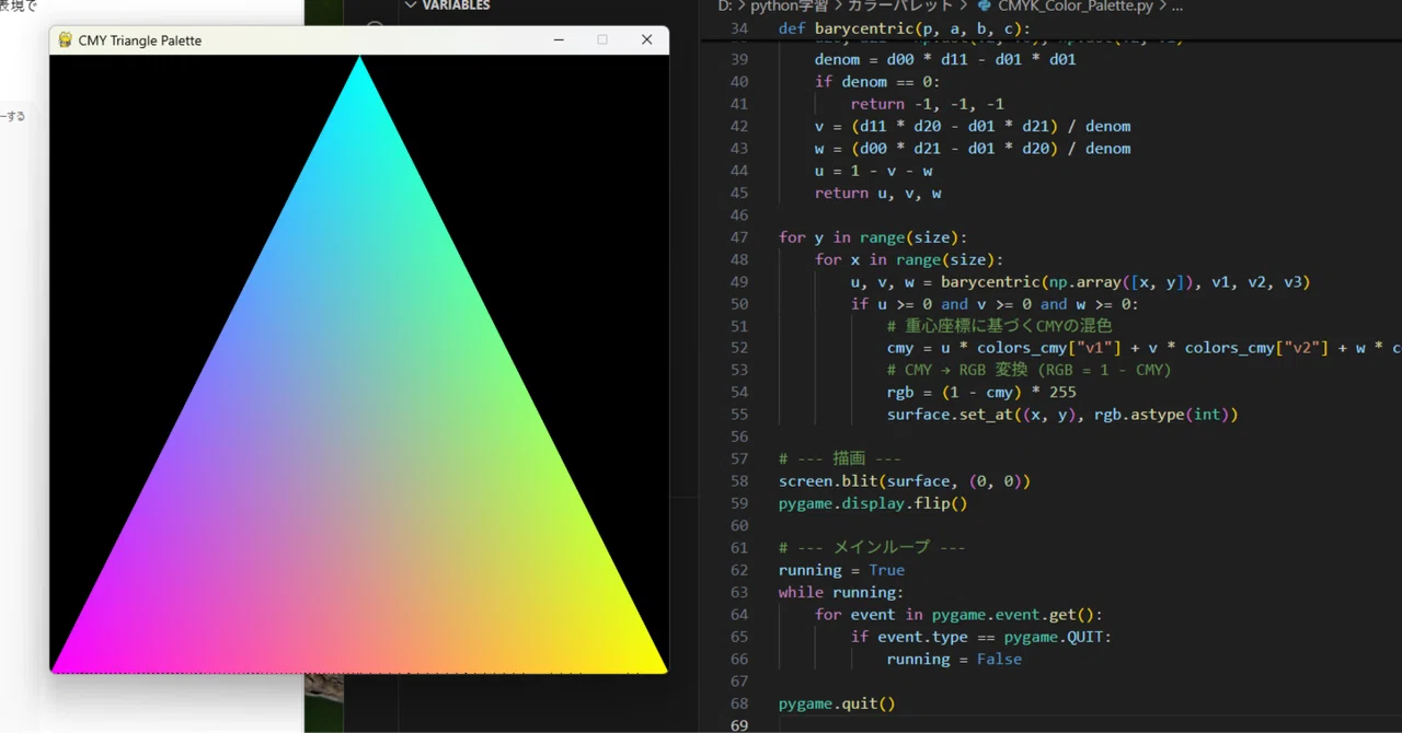 Magenta Python 640x640 のウインドウに、シアン(Cyan)、マゼンタ(Magenta)、イエロー(Yellow)を頂点に持つ正三角形のカラーパレットを ...