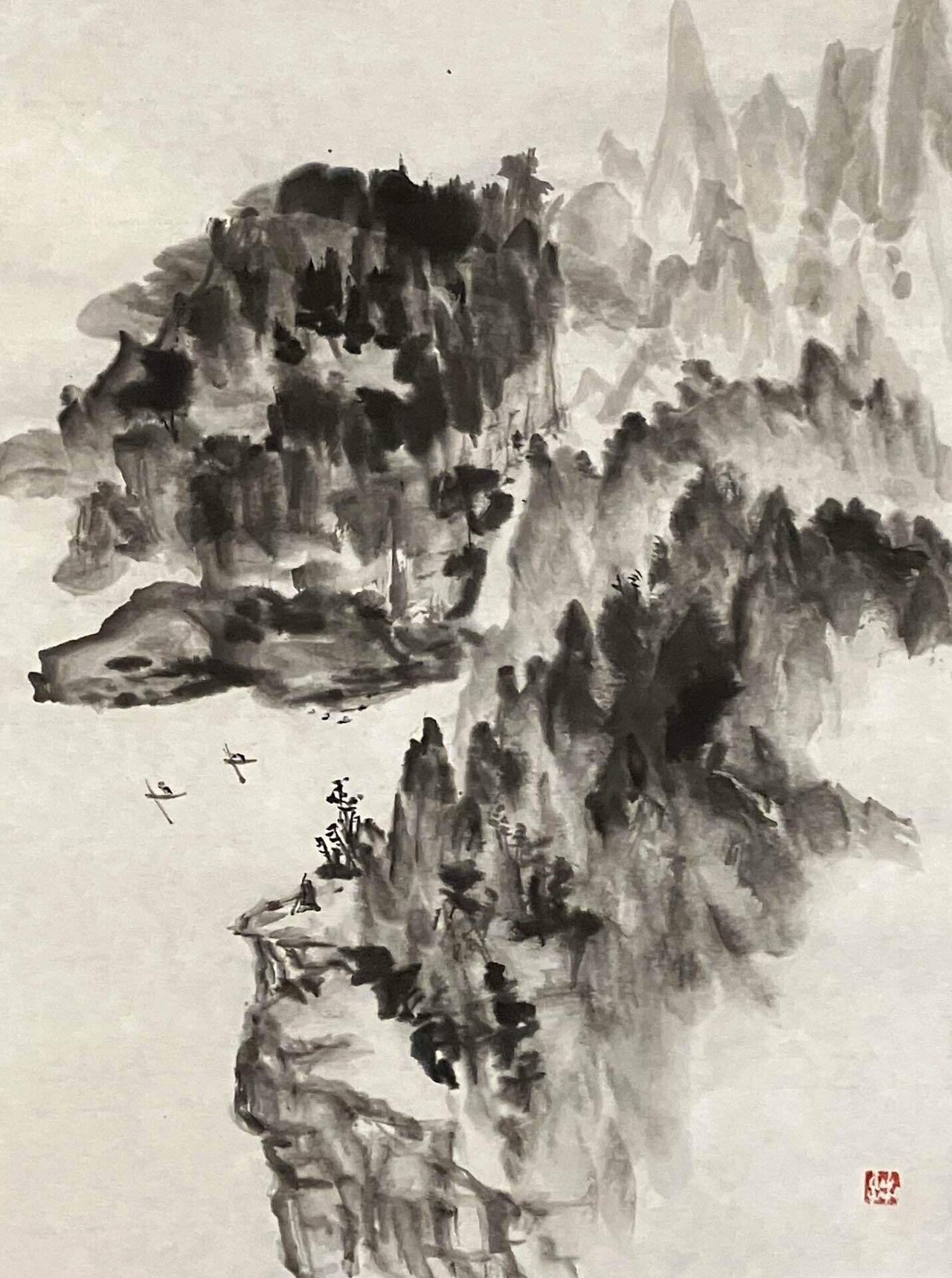 真作/河村李軒/滝山水図/水墨山水/山水図/掛軸/名家伝来AH-575 真作/河村李軒/滝山水図/水墨山水/山水図/掛軸/名家伝来AH-
