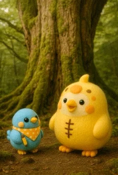 大きな屋久杉の前で、二羽のぬいぐるみの小鳥が立っています。
黄色い鳥のペン吉はお腹に縫い目が3本あり、丸い体を揺らすように立っていて、となりには青い鳥のことりさんがオレンジの水玉バンダナを首に巻いています。
深い森の澄んだ空気のなかで、仲良くおしゃべりしているような雰囲気。自然の雄大さと、二羽のあたたかな友情が対照的に描かれています。