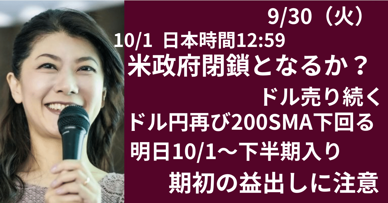 米政府閉鎖までカウントダウン？！ドル円は再び200SMA下回るドル売り円高｜大橋ひろこ
