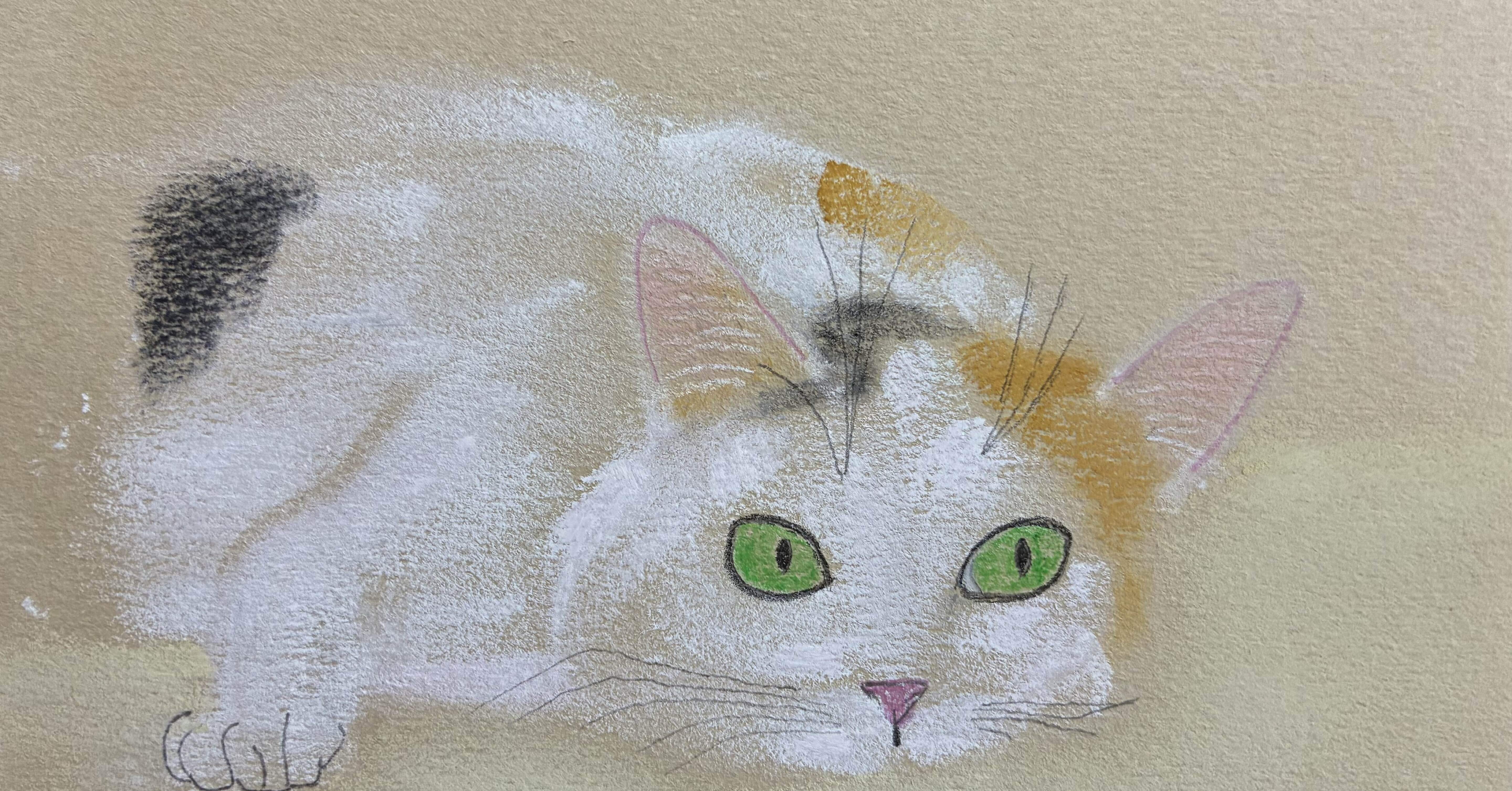 【原画】『種を蒔くカドゥケウス』（猫　植物　パステル画） 可愛い三毛猫のパステル画です。｜まる