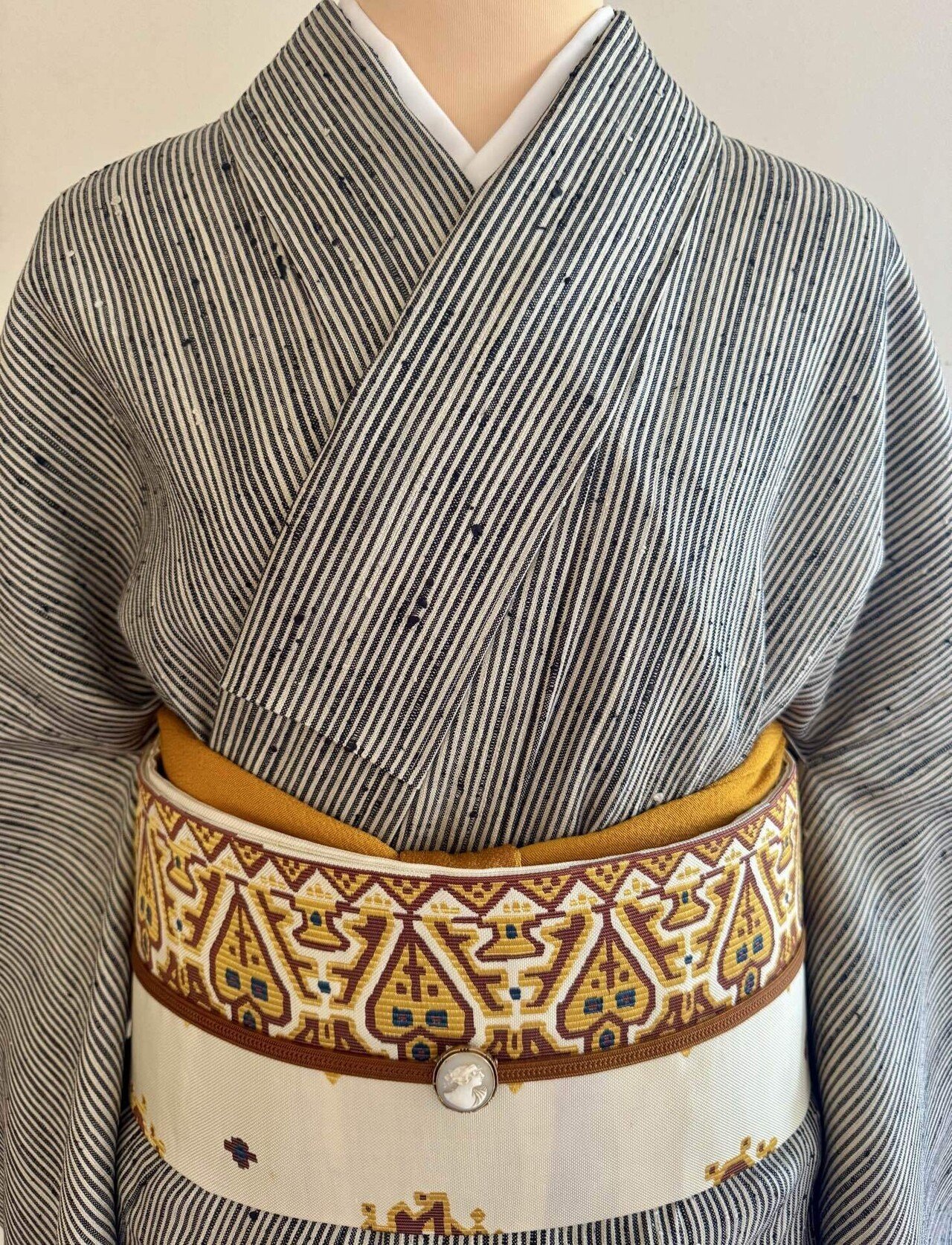 浦野理一布黒白縞単衣着物｜夢吉きもの