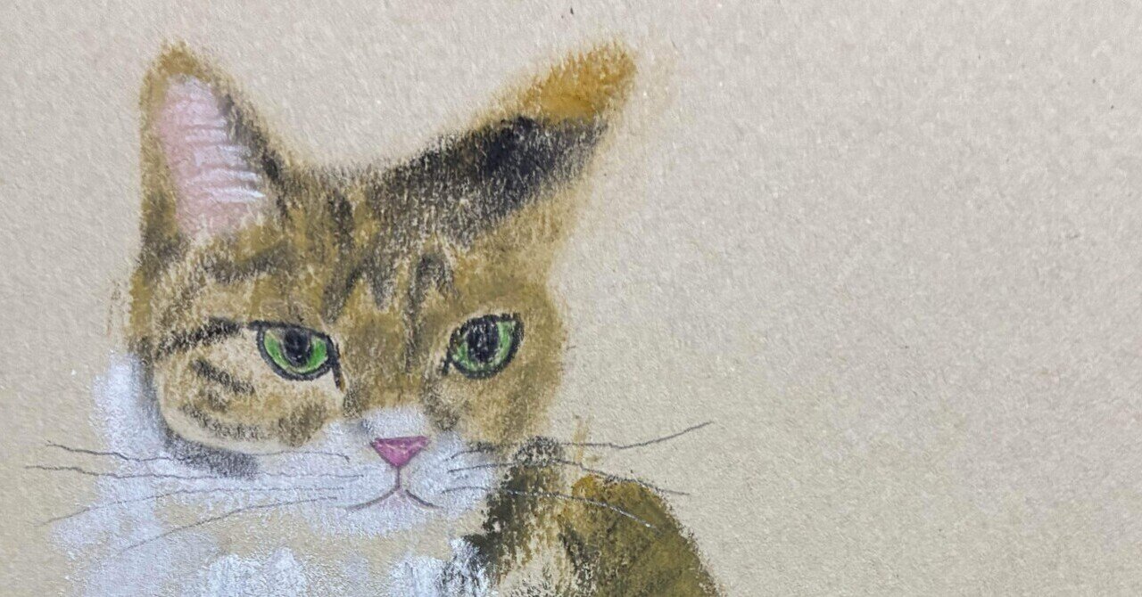 猫座りしている猫のパステル画です。｜まる