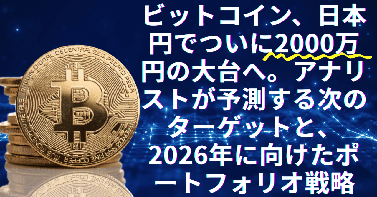 ビットコイン、日本円でついに2000万円の大台へ。アナリストが予測する次のターゲットと、2026年に向けたポートフォリオ戦略｜日本 個別株デューデリジェンスセンター
