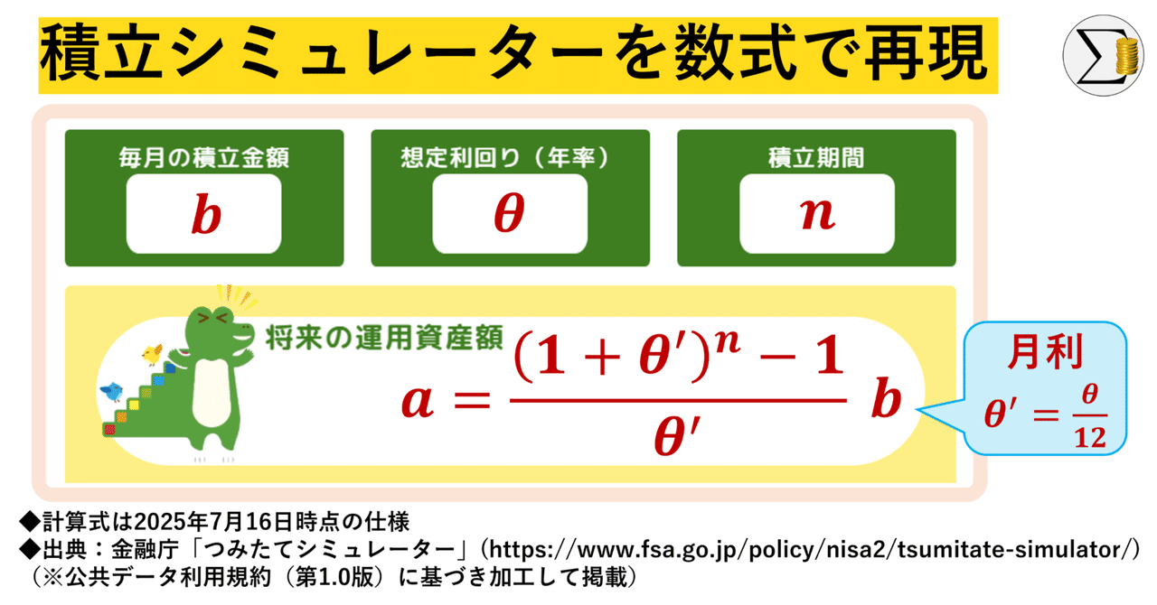 投資・数学】金融庁の積立シミュレーターの仕組みは？数式で完全再現｜sigmoney