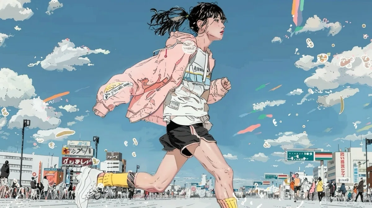 青空の下、ピンクのパーカーを羽織った女性ランナーが街を駆け抜ける。周囲には観客が並び、空には雲とカラフルなエフェクトが広がり、疾走感あふれる構図。