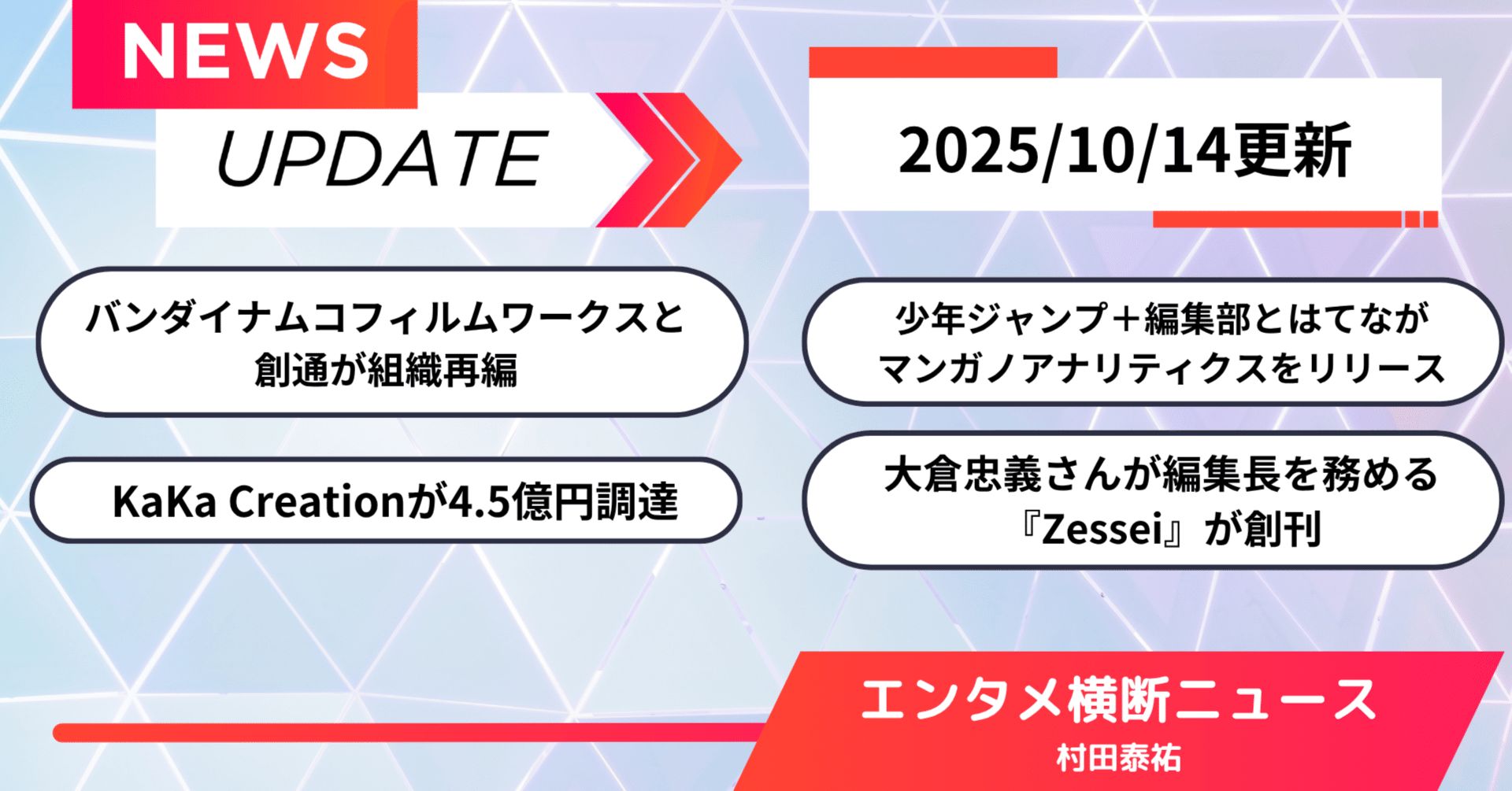 エンタメ横断ニュース】バンダイナムコフィルムワークスと創通が組織再編、少年ジャンプ＋編集部とはてながマンガノアナリティクスをリリース、KaKa  Creationが4.5億円調達、大倉忠義さんが編集長｜村田泰祐