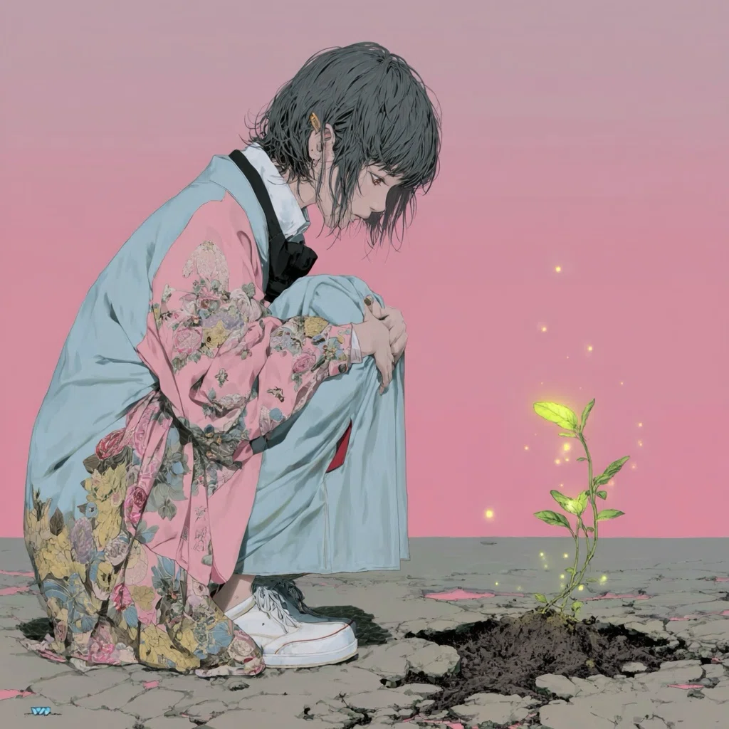 花柄の衣をまとった人物がしゃがみ込み、ひび割れた地面から伸びる光を放つ小さな芽を見つめているイラスト。