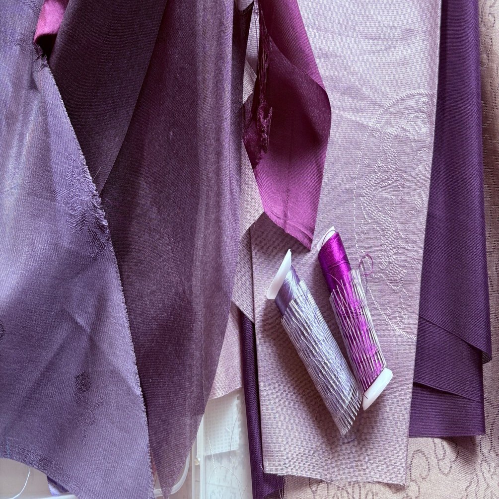 ポジャギ制作日記】紫系のシルクの端切れ繋ぎ、始めました！｜pojagi*sono