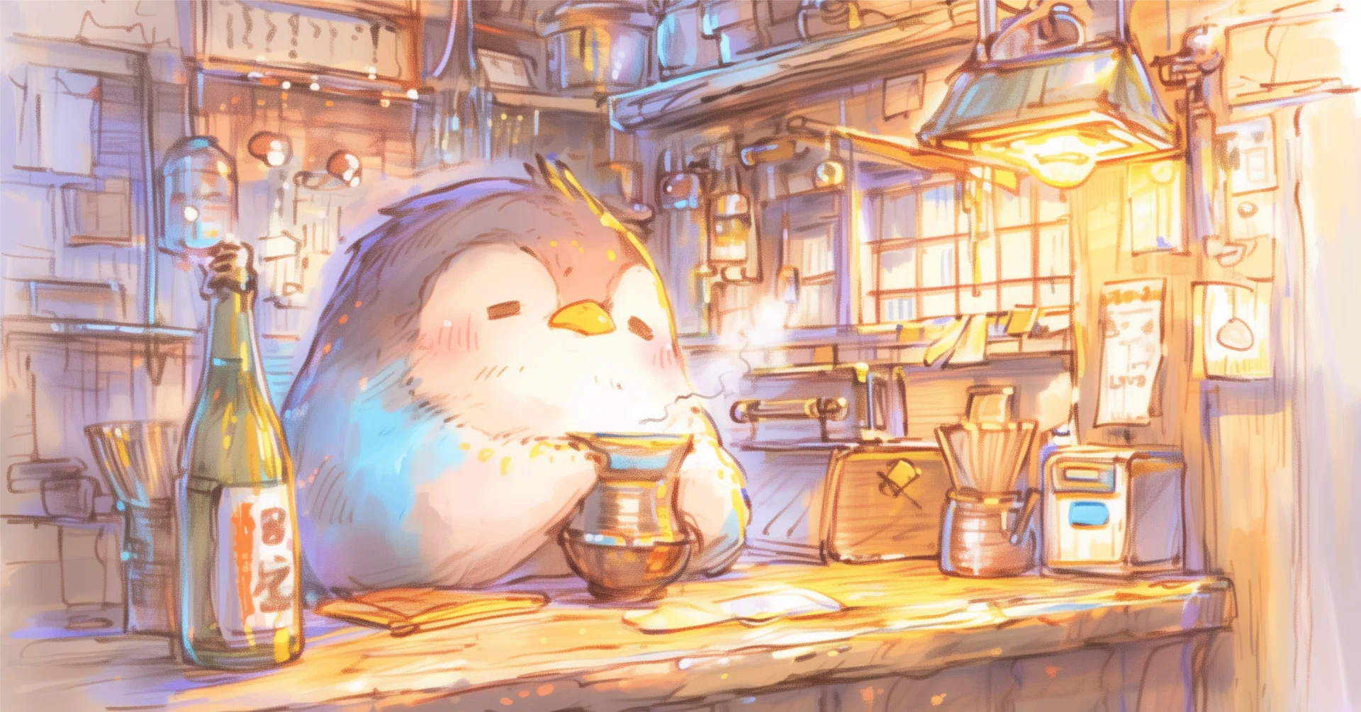 nijijourneyで描く、酔っぱらいペンギンの、ほっこり夜ごはん。 #AI