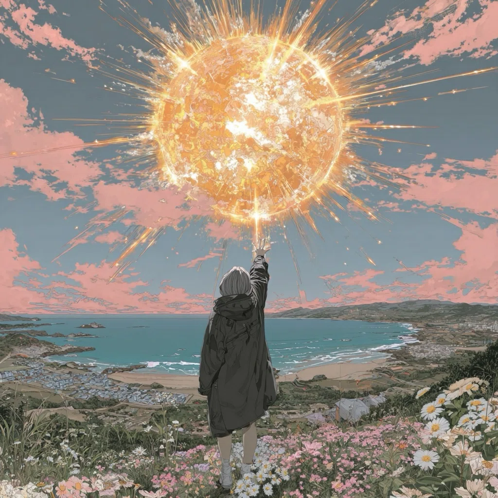 花畑に立つ人物が、燃えるように輝く黄金の太陽に向かって手を伸ばしている。太陽の光が爆発的に広がり、海と街並みを照らす力強い風景。