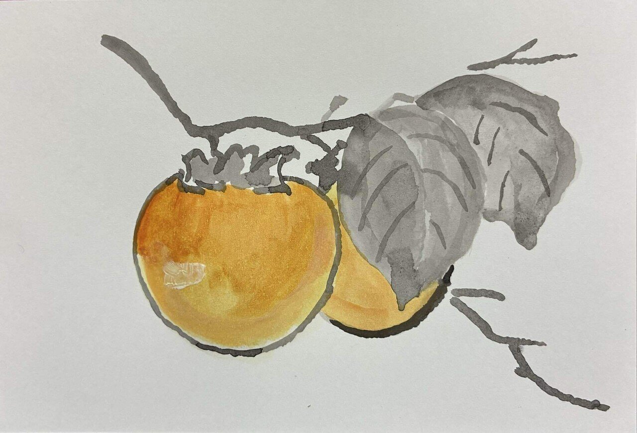 柿の墨絵を描きました。｜まる