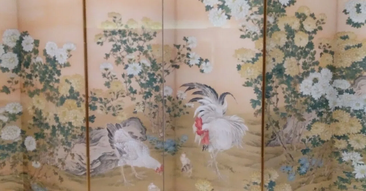 サ*バ様 熊代熊斐【複製】菊花家鶏図 雪蘆真雁図 桃樹山鵲図 長崎 掛軸2402 菊鶏図屛風」野口幽谷（のぐちゆうこく 1827～1898）静嘉堂文庫美術館